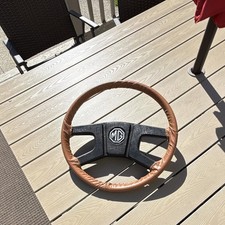 Vintage 1977 MG MGB Roadster Steering Wheel Brown Leather 3-Spoke OEM Original picture