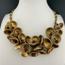 Vintage Early Miriam Haskell Necklace Brass Bells Red Glass Bead Book Chain picture