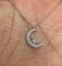 1Ct Round Cut Real Moissanite Charm Moon Star Pendant 14K White Gold Plated 18'' picture
