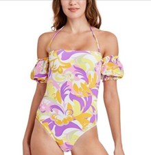 BCBGeneration Large Give It a Swirl Off Shoulder One Piece Swimsuit Yellow NEW picture