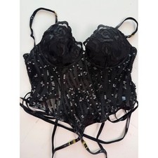 Rare Victorias Secret Sexy Black Sequin Leather Lined Lace Corset Garter 36C picture