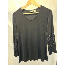 Chicos Travelers Top Womens 0 Black Excellent Velvet Burnout Lace V-Neck 3/4 Slv picture