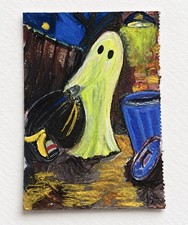 Gary Takes Out Trash Hand-Painted Original ACEO Ghost Funny Spooky Art picture