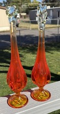 2 Vintage MCM Viking Glass Persimmon 11” Swung Bud Vases. Two Different Mouths. picture