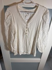 Loft White Lace Sleeve Henley Top Womens M                                  AD76 picture