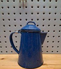 Blue Speckled Enamel Camping Coffee Pot, Round, With Lid & Pour Spout picture