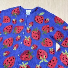 Vintage Talbots Hand Knit Strawberries Cardigan Sweater Linen Cotton Cottagecore picture