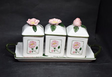 Villeroy & Boch Wild Rose Pottery Jam Set 3 Jars w/ Handled Tray Pink Blossoms picture