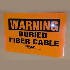 Vintage US West Communications Warning Buried Fiber Cable Sign Orange Metal NOS picture