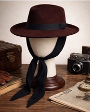 Vintage 1950s Dobbs Fur Felt Fedora Brown Hat w/ Black Chin Ties Bollman NWT picture