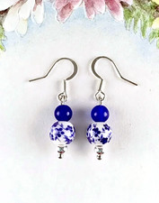 Silver White Royal Blue Floral Dangle Earrings Women Handcrafted Artisan Jewelry picture