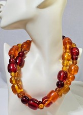 vtg Long Beaded Necklace w/ Tri Color Amber Resin Large beads -35in -Heavy 205g picture