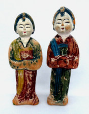 Vintage Chinese Pair of Carved Wood Female Geisha Figurines picture