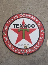 VINTAGE TEXACO GASOLINE PORCELAIN GAS STATION PUMP SIGN.  12