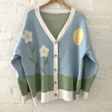 Miss Sparkling Flower Field Knit Cardigan Sweater Sun Sky Daisy Sweater Blue L picture