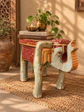 Indian Wooden Elephant Stool Hand Painted Distressed Boho Side Table Plant Stand picture