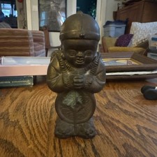 Vintage Bronze Brass Chinese Lucky Fortune Boy Statue Coin Figurine Xuande Mark picture
