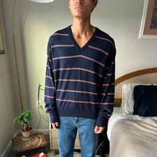 VTG 70s Izod Lacoste Striped V-Neck Sweater Mens Large Wool Blend Navy Preppy picture