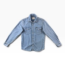 Wrangler Denim Pearl Snap Shirt Mens Medium Blue Light Wash Western Cowboy Retro picture