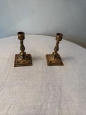 Vintage Ornate Candlestick Holders Pair Brass Tone Square Base Decorative picture