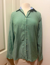 Talbots Women’s Green Solid Woven Collared Long Sleeve Cotton Button-Up 4 picture