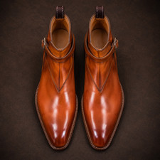 Men’s Handmade Cognac Brown Leather Jodhpur Buckle Strap Luxury Ankle Boots picture