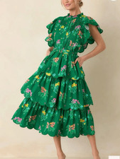 PROSPERINA MARIS GREEN MULTI FLORAL COTTON TIERED RUFFLE MIDI DRESS picture