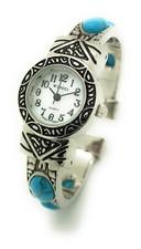 Wincci Ladies Silver Metal Bangle Cuff Fashion Watch Turquoise Stones Pearl Dial picture