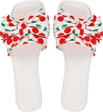 Women's Bow Slippers Cute Cherry Print Flat Slides Soft Breathable Lightweigh... picture