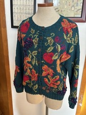 VINTAGE: ROBERT SCOTT Fruit Grapes Cotton/Ramie Cardigan *SZ. PM (TEAL MULTI) picture