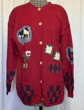 Vintage Bryn Connelly Knit Cottagecore Farm Print Cardigan Sweater Size Small picture