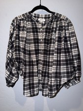NWT Madewell Shirred Crewneck Button-Up Top Plaid Black Ivory Size M NY337 picture