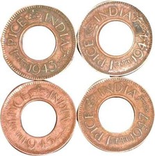 One Pice Hole Coin Set of All Dates 1943-44-45-47. British India 4 Coins Set picture