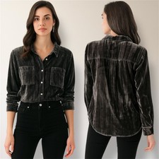 New Splendid XS Black Velvet Button Down Shirt Long Sleeve Pockets Gothic Luxe picture