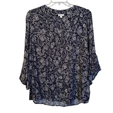 Westport Womens Blouse Sz 1X Navy & White Paisley Print 3/4 Sleeve Blouse picture