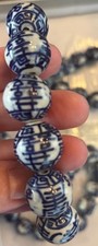 Vintage Chinese Chinoiserie Glazed Blue White Porcelain Shuāngxǐ Shòu Necklace picture