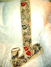 French Linen Bell Pull Crewel Embroidery Wool Extra Long Vintage Handmade picture