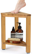 Teak Corner Shower Stool 15In, Wood Shower Bench Seat with Storage Shelf, Waterp picture