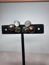 Vtg Artisan Sterling Cluster Stud Earrings MOP Peridot Pearl Unsigned picture