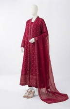 Women’s Pakistani Embroidered 3 Piece Suit Maroon Red Kurta Trouser Dupatta picture