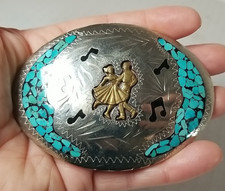Vintage Wil Arem Handmade Turquoise Inlay Dancing Western Belt Buckle picture