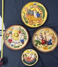 4 Ukrainian Decorative Clay Detail Figure Plates Handmade Rare Folk Art Village picture