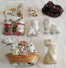 Vintage Porcelain Cat Figurine Lot Maneki Neko Lucky Stamp Cinnabar Ox Kitsch picture