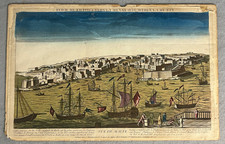 Antique Valletta Malta City View Copperplate Print Hand colored c. 1780s Paris picture
