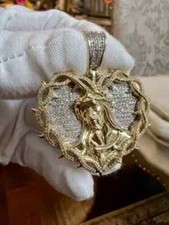 10k Yellow Gold Finish Lab Created Diamond Jesus Face Heart Medal Pendant 1.5