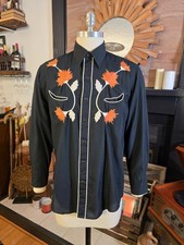 Vintage Chute #1 Western Pearl Snap Shirt Mens M Black Orange Floral Embroidered picture