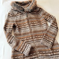 Athleta Nordic Hoodie Falcon Brown Fair Isle Faux Fur Trim 305135 Womens Small picture
