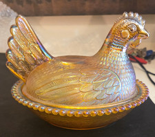 Indiana iridescent gold glass hen on a nest, Vintage picture