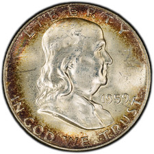 1959-D PCGS MS64 FBL Franklin Half Dollar w/ Gorgeous Rainbow Peripheral Toning picture