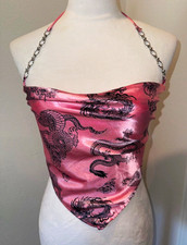 Forever 21 Pink Satin Dragon Halter Scarf Top with Chain Straps S picture